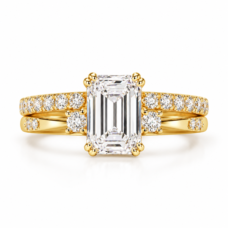 emerald lab grown diamond ring in silver, three-quarter view