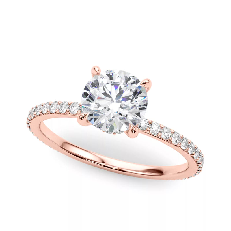 round lab grown diamond engagement ring in silver, three-quarter view