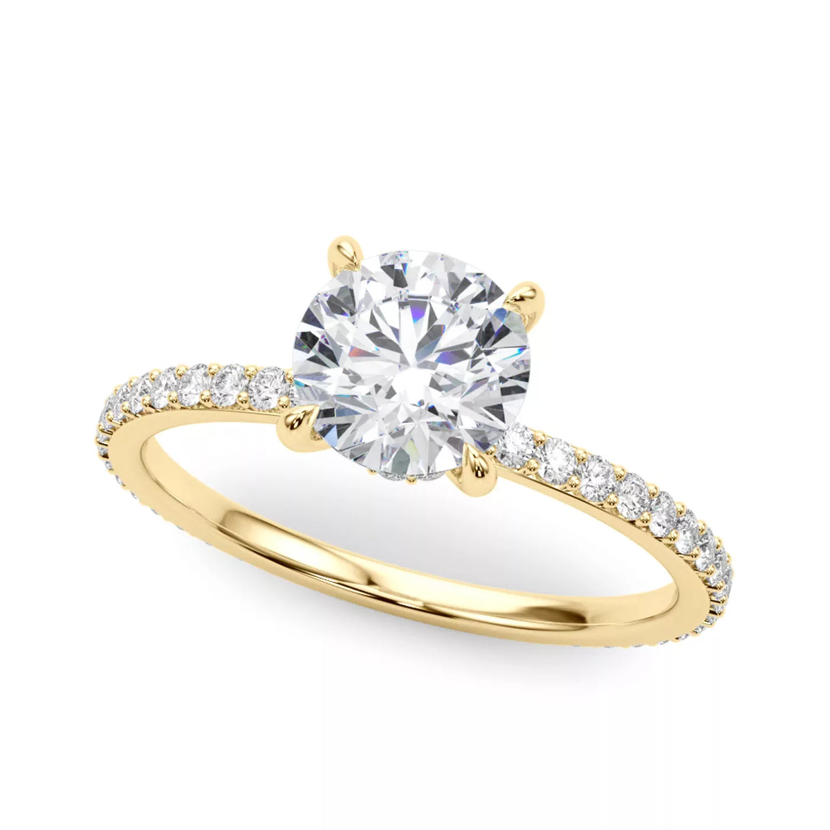 round lab grown diamond engagement ring in silver, detail of the setting