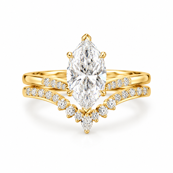 2 CT Marquise Lab Grown Diamond Ring Set, Gold Bridal Wedding Set