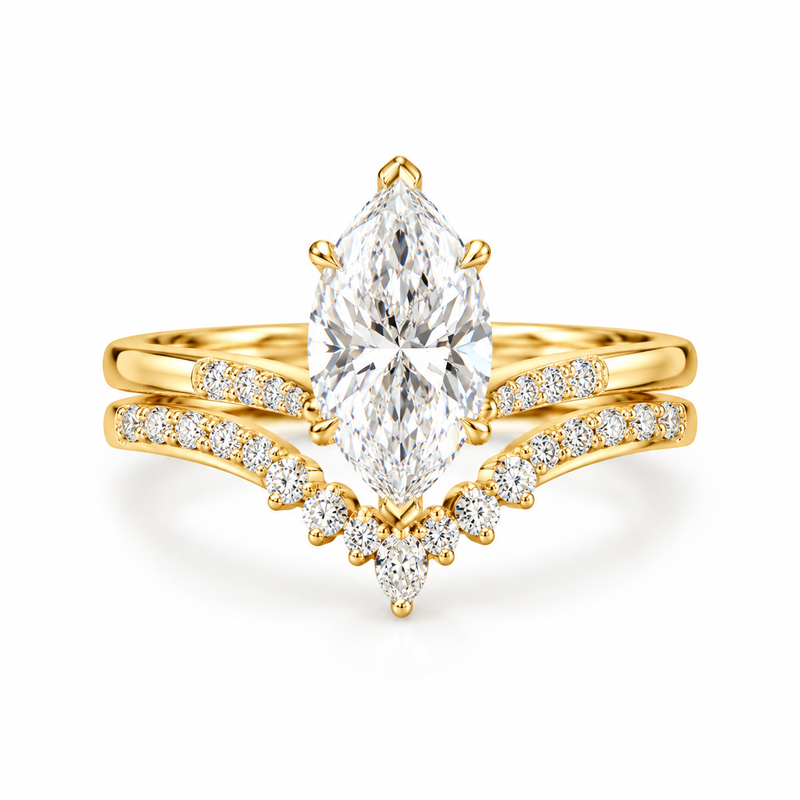 2 CT Marquise Lab Grown Diamond Ring Set, Gold Bridal Wedding Set