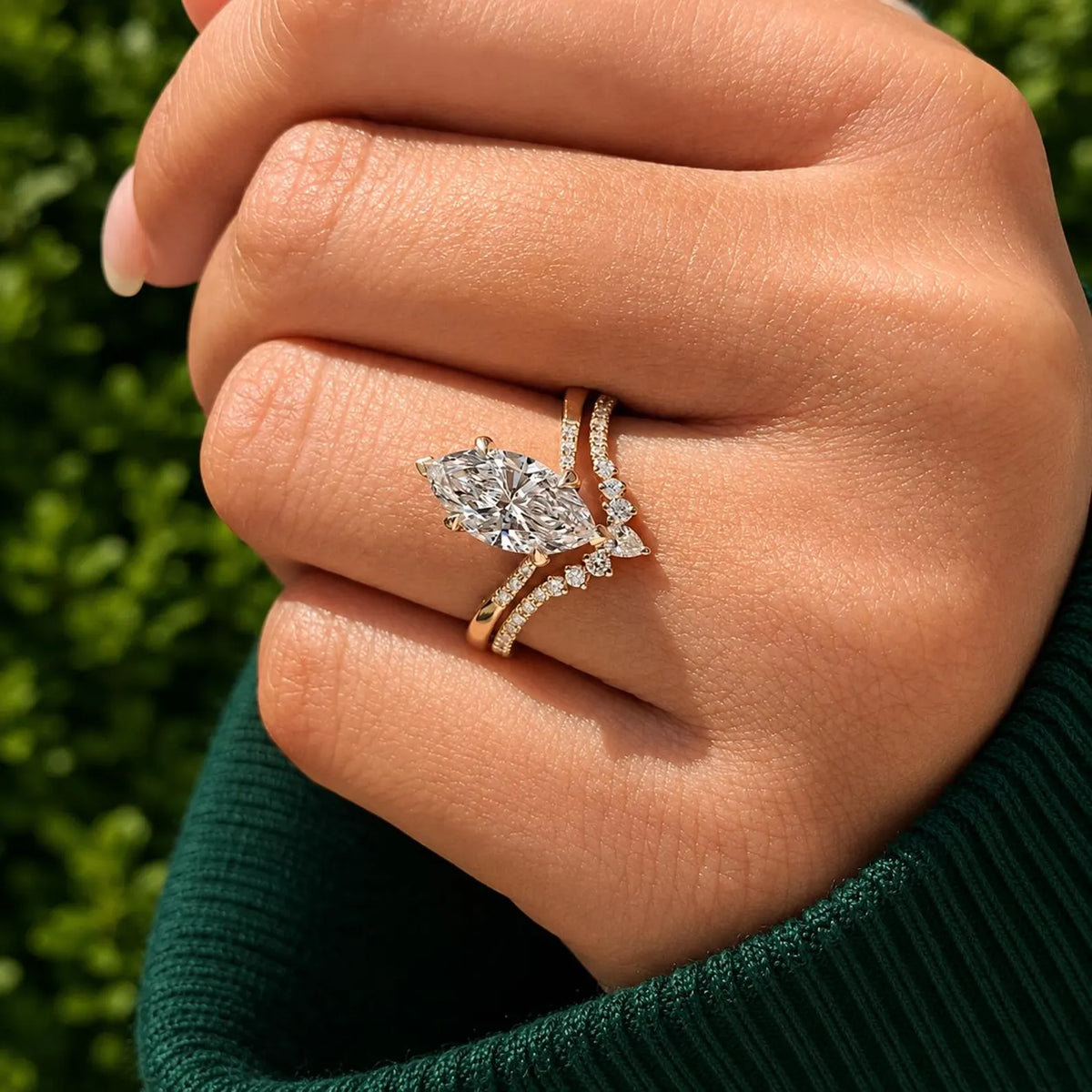 2 CT Marquise Lab Grown Diamond Ring Set, Gold Bridal Wedding Set