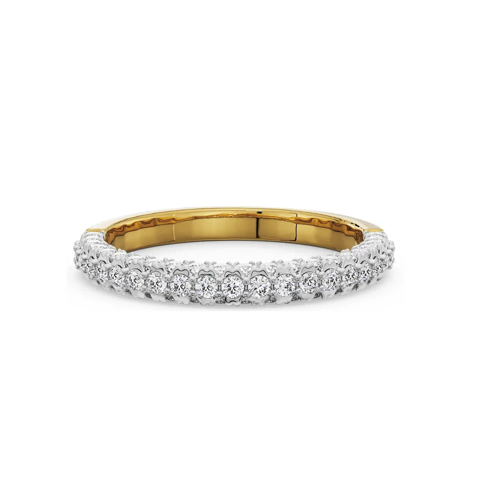 round lab grown diamond band in silver, three-quarter view