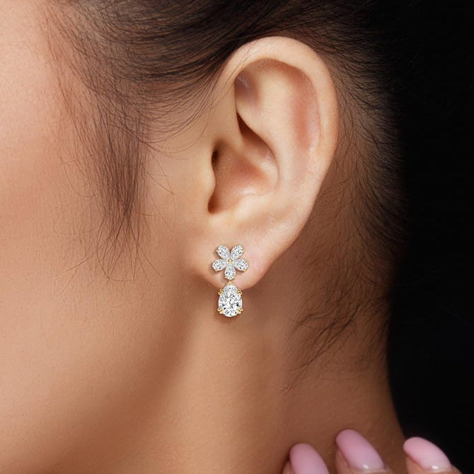 Flower Cluster with Pear Cut Drop Lab Grown Diamond Dangle Earrings