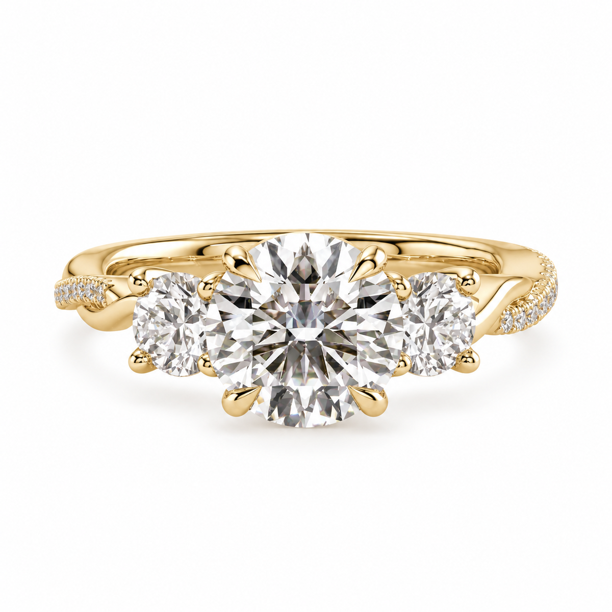 round lab grown diamond engagement ring in gold, three-quarter view