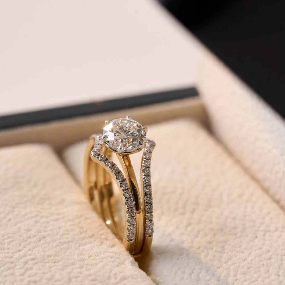 round lab grown diamond engagement ring in silver, top view