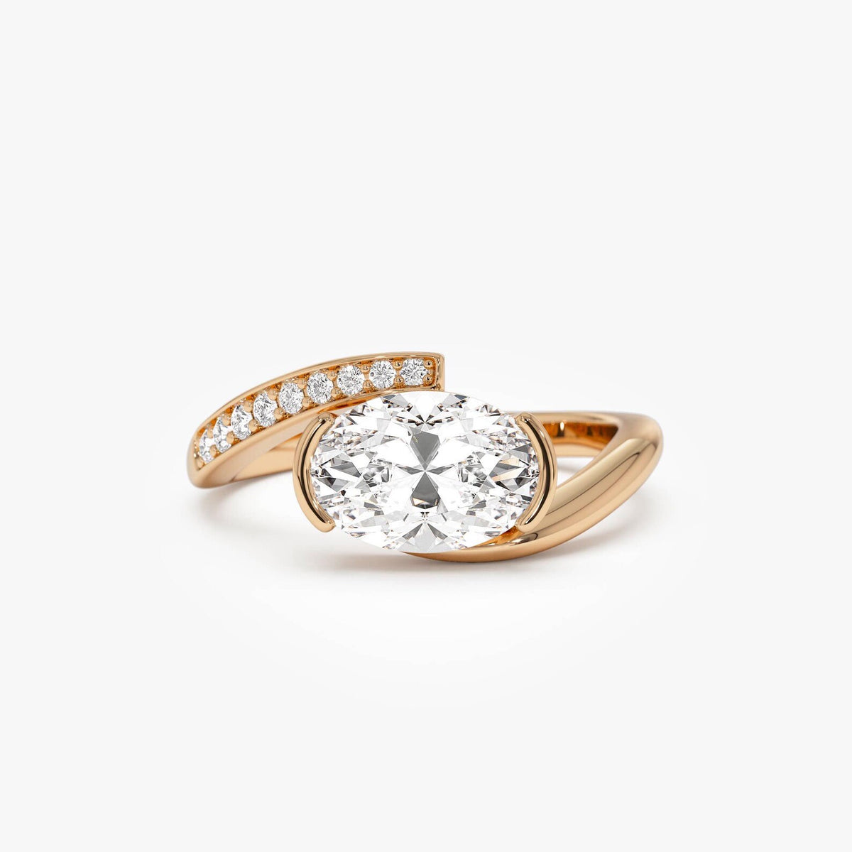 oval lab grown diamond engagement ring in gold, top view