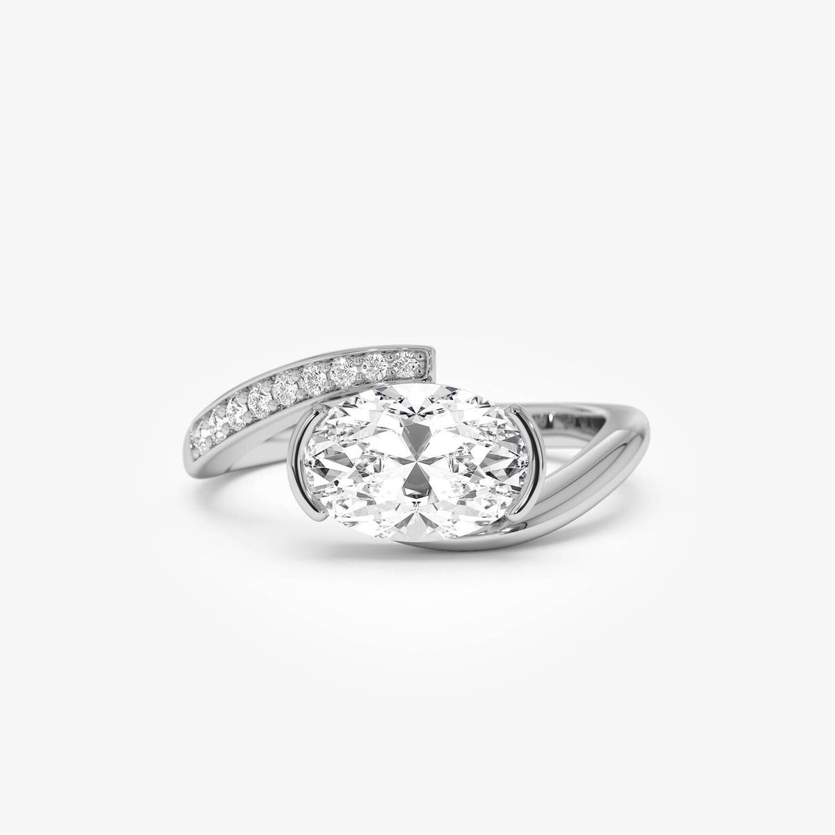 oval lab grown diamond engagement ring in gold, side profile