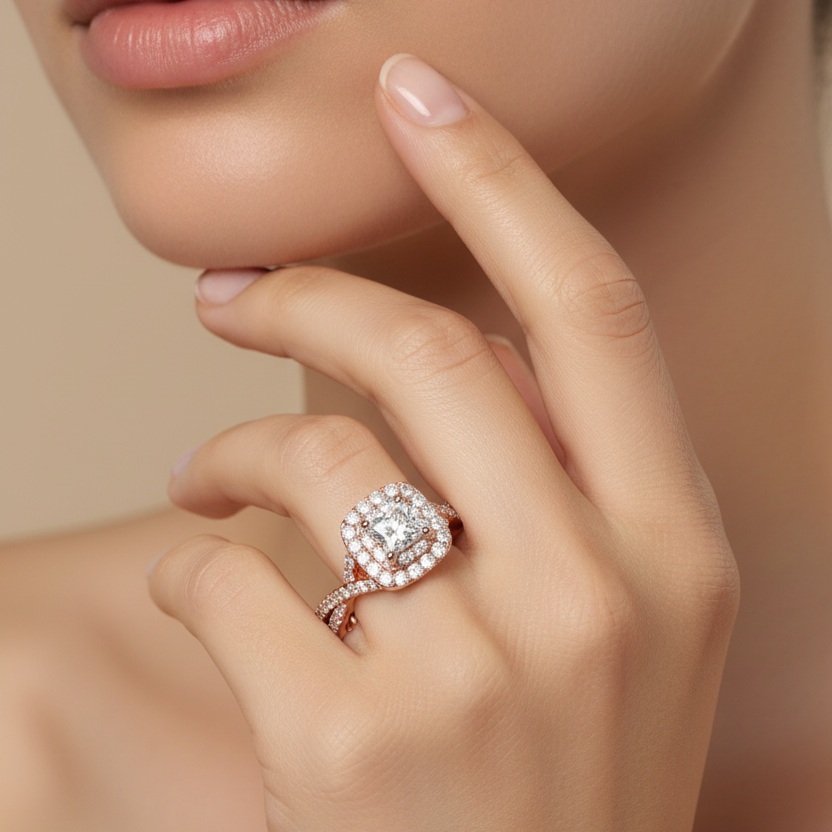 Princess Cut Lab Grown Diamond & Moissanite Double Halo Engagement Ring with Pavé Band