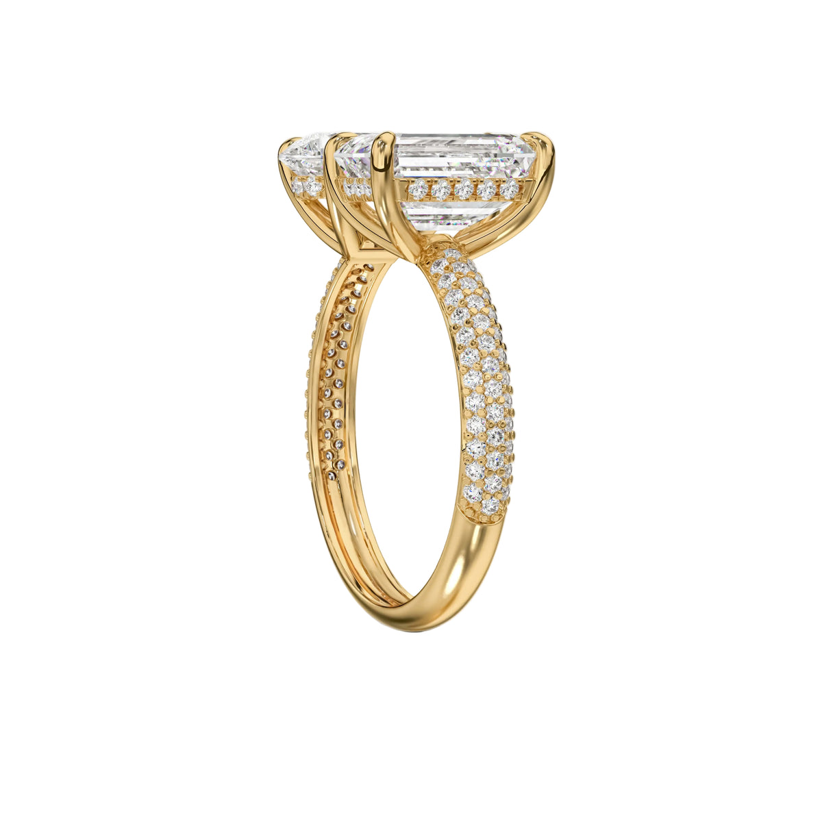 emerald lab grown diamond ring in silver, top view