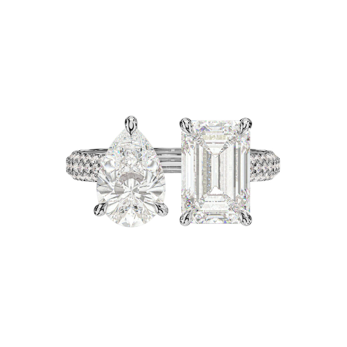 Pear And Emerald Toi et Moi Ring with Pave Diamond Band