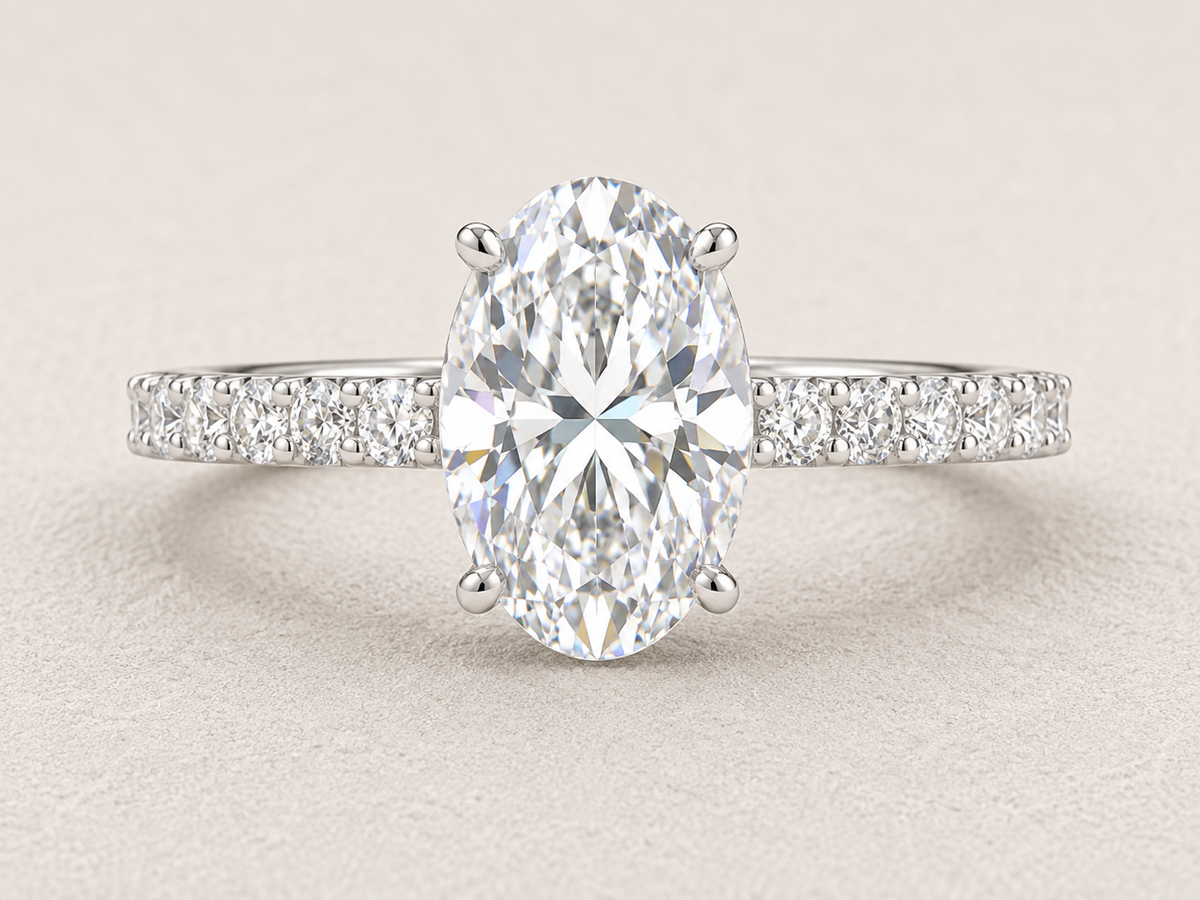 Oval Cut Lab Grown Diamond & Moissanite Hidden Halo Engagement Ring with Pavé Band
