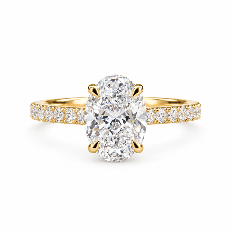 Oval Cut Lab Grown Diamond & Moissanite Hidden Halo Engagement Ring with Pavé Band