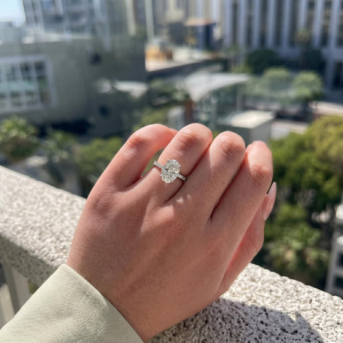 Oval Cut Lab Grown Diamond & Moissanite Hidden Halo Engagement Ring with Pavé Band