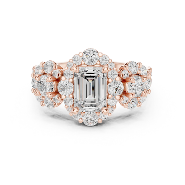 emerald cut lab grown diamond ring in silver, three-quarter view