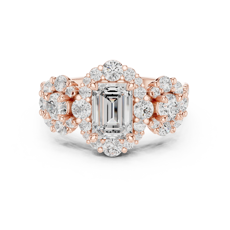 emerald cut lab grown diamond ring in silver, three-quarter view