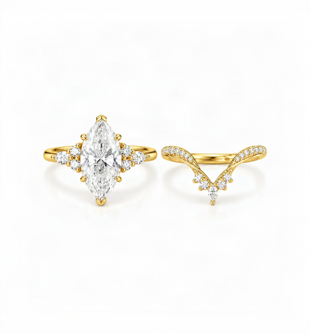 3 CT Marquise Lab grown diamond Engagement Ring Set Yellow Gold Cluster V prong Statement Bridal set