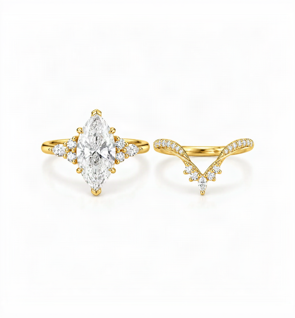 3 CT Marquise Lab grown diamond Engagement Ring Set Yellow Gold Cluster V prong Statement Bridal set