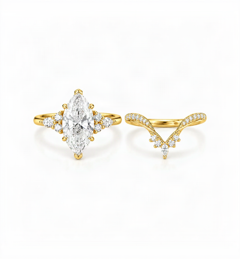 3 CT Marquise Lab grown diamond Engagement Ring Set Yellow Gold Cluster V prong Statement Bridal set