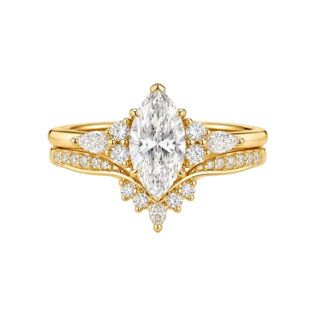 A yellow gold ring featuring a large marquise-cut center diamond surrounded by smaller round and marquise diamonds, with matching side diamonds on a curved split-shank band, shown on a white background.