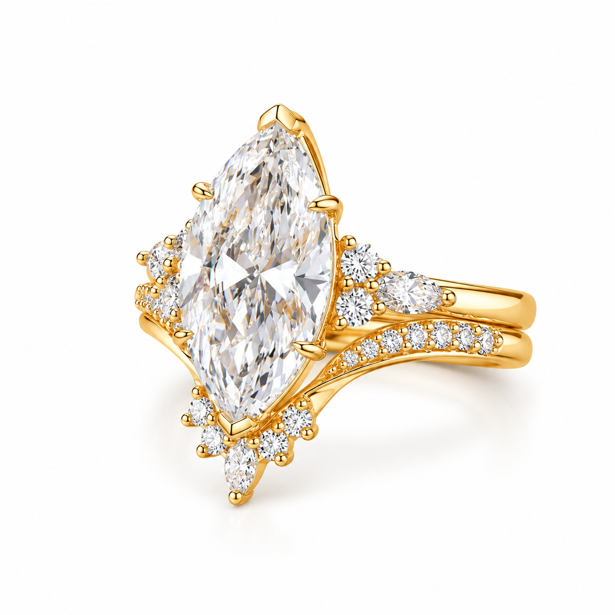 A yellow gold ring featuring a large marquise-cut clear center stone with smaller clear accent stones along the shank and decorative clusters, shown on a clean white background.