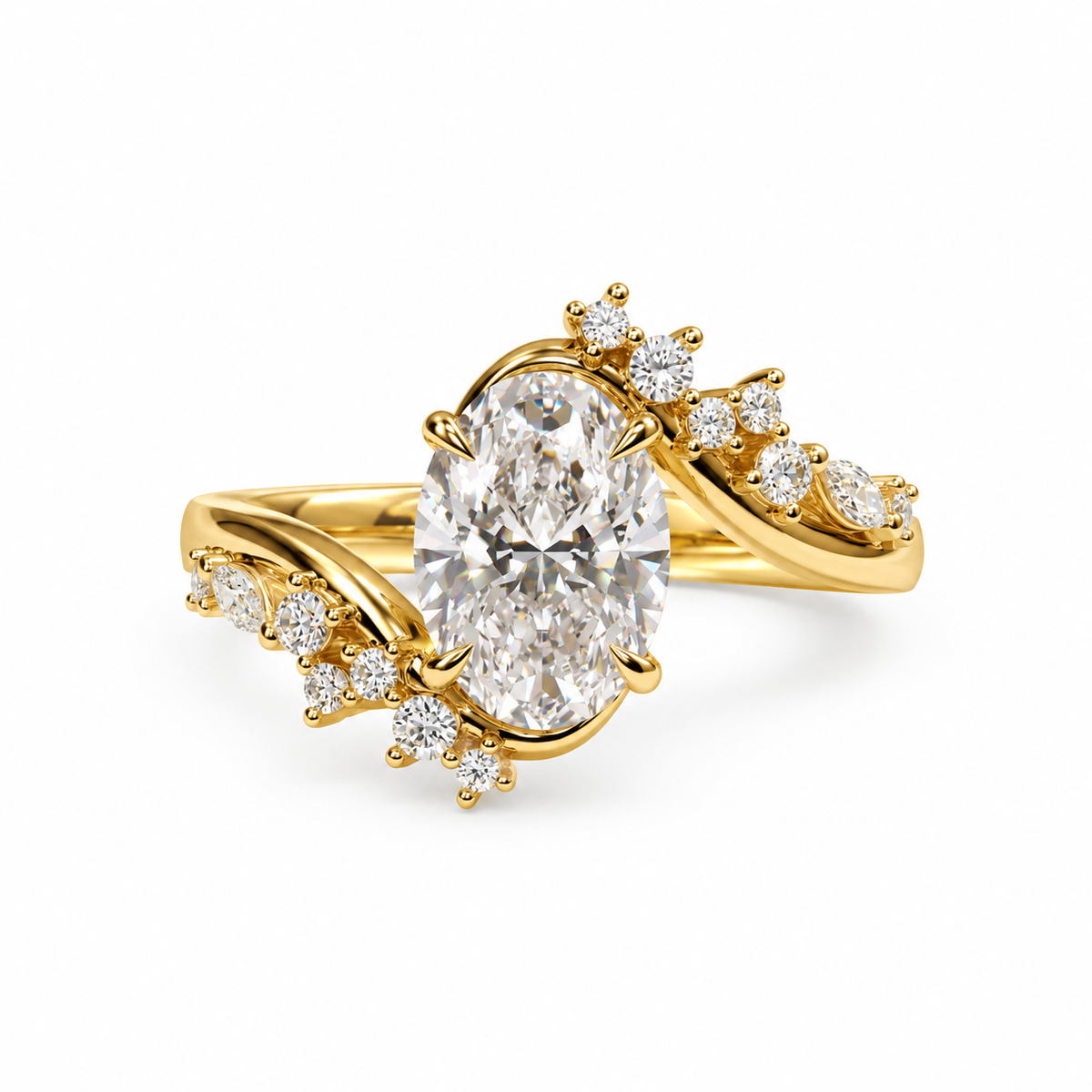2ct Oval Diamond Ring, Modern Bypass Style  Marquise Cluster  Engagement, Elegant