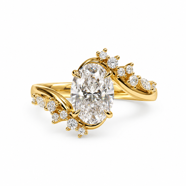 2ct Oval Diamond Ring, Modern Bypass Style  Marquise Cluster  Engagement, Elegant
