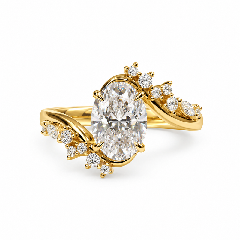 2ct Oval Diamond Ring, Modern Bypass Style  Marquise Cluster  Engagement, Elegant