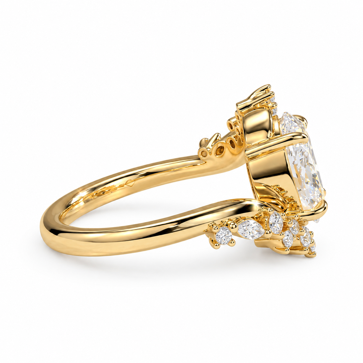 2ct Oval Diamond Ring, Modern Bypass Style  Marquise Cluster  Engagement, Elegant