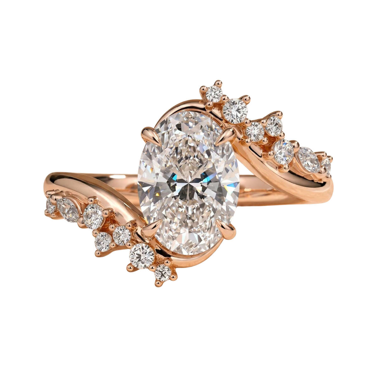 2ct Oval Diamond Ring, Modern Bypass Style  Marquise Cluster  Engagement, Elegant