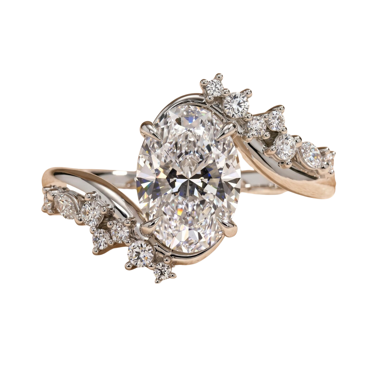 2ct Oval Diamond Ring, Modern Bypass Style  Marquise Cluster  Engagement, Elegant