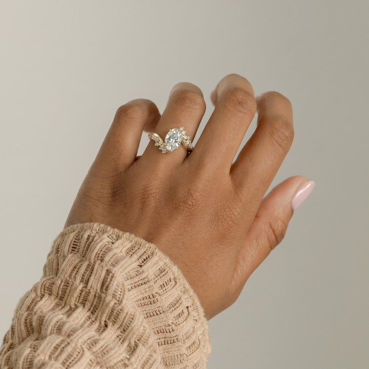 2ct Oval Diamond Ring, Modern Bypass Style  Marquise Cluster  Engagement, Elegant