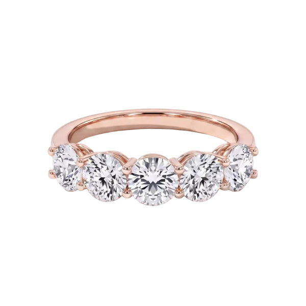 A rose gold five-stone diamond band ring with round brilliant-cut diamonds set in a polished band, photographed on a clean off-white background with a soft shadow.