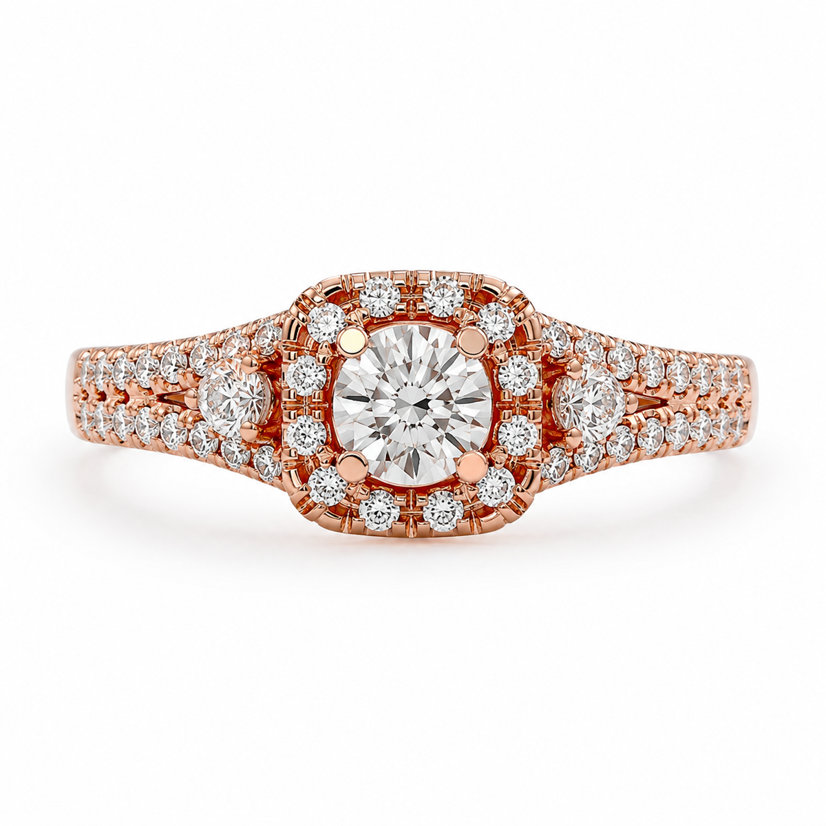 round lab grown diamond engagement ring in silver, three-quarter view