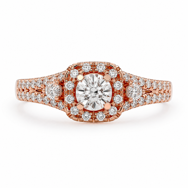 round lab grown diamond engagement ring in silver, three-quarter view