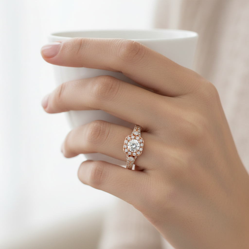 Round Cut Lab Grown Diamond & Moissanite Halo Engagement Ring with Marquise Side Stones and Pavé Band