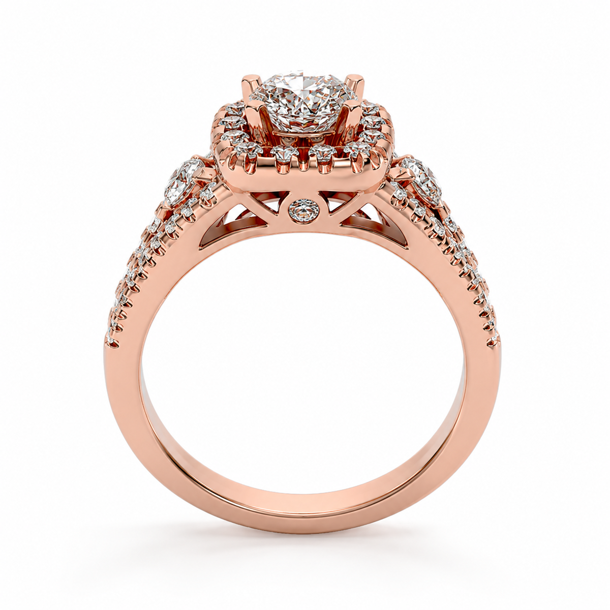 round lab grown diamond engagement ring in silver, top view
