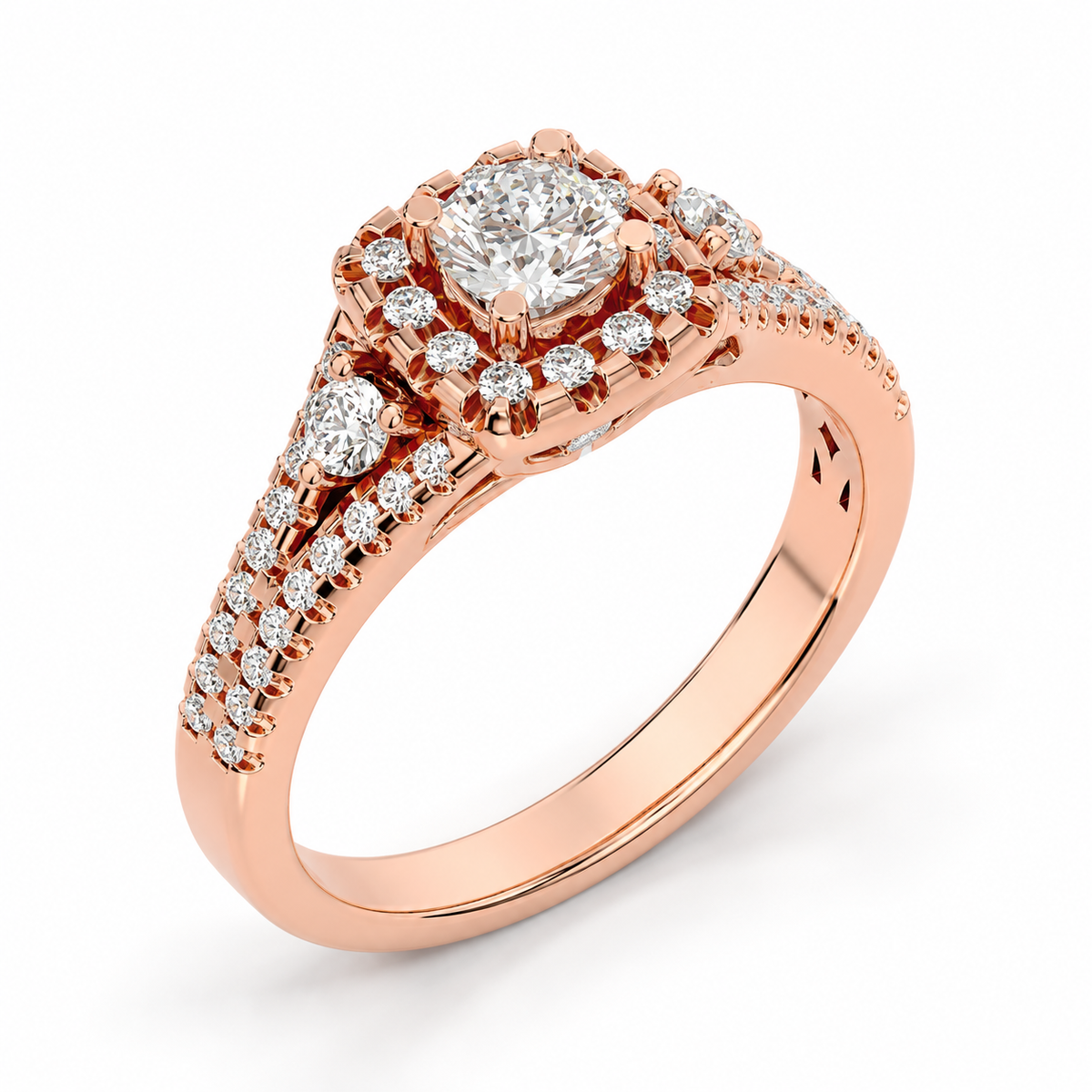 round lab grown diamond engagement ring in silver, side profile