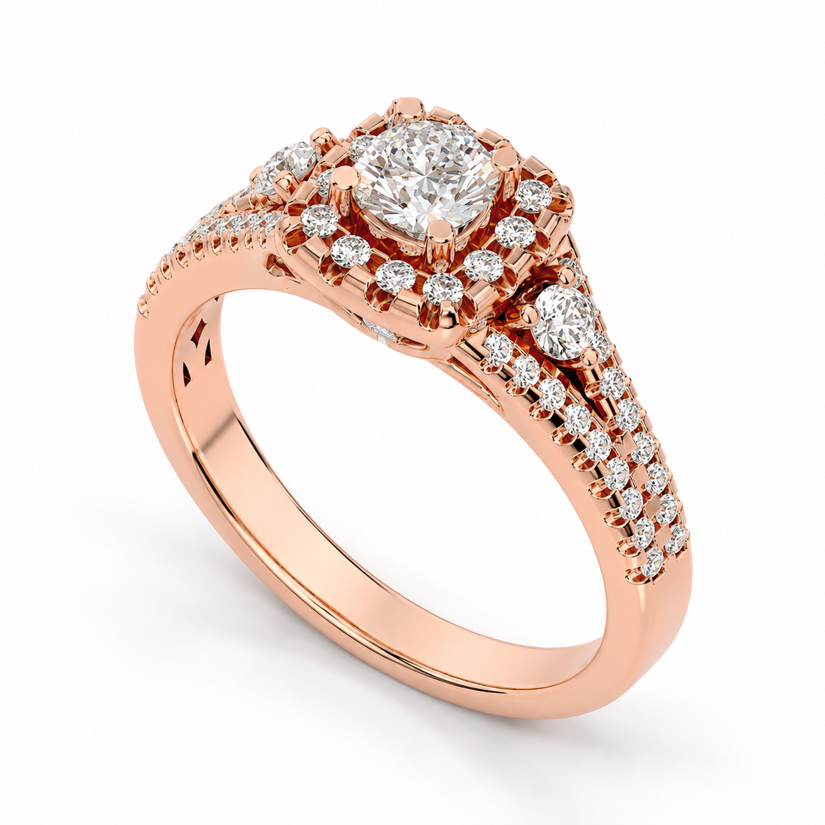 Round Cut Lab Grown Diamond & Moissanite Halo Engagement Ring with Marquise Side Stones and Pavé Band