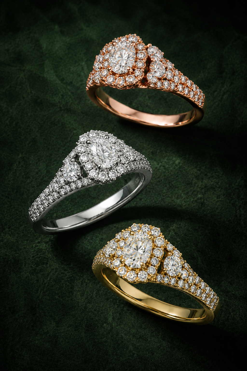 Round Cut Lab Grown Diamond & Moissanite Halo Engagement Ring with Marquise Side Stones and Pavé Band