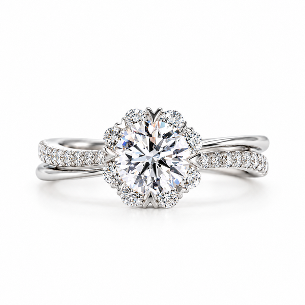 1.70 TCW Round Cut Floral Halo Engagement Ring