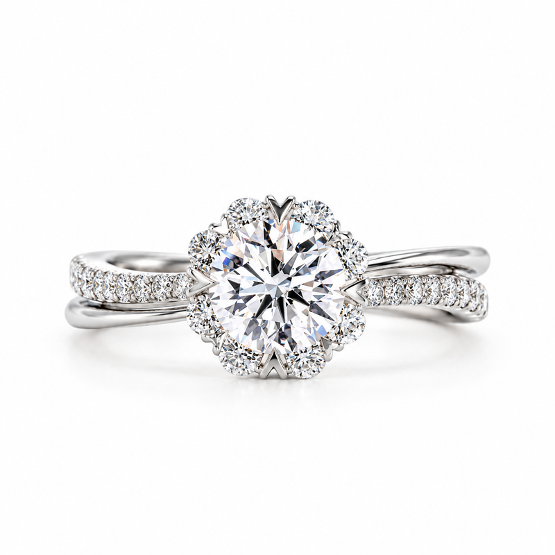 1.70 TCW Round Cut Floral Halo Engagement Ring