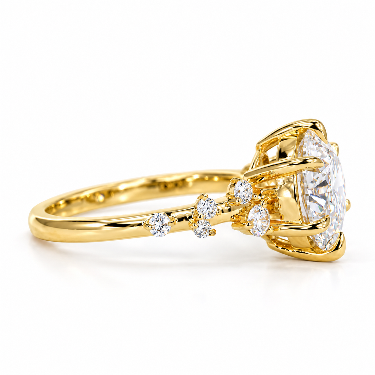round lab grown diamond engagement ring in gold, top view