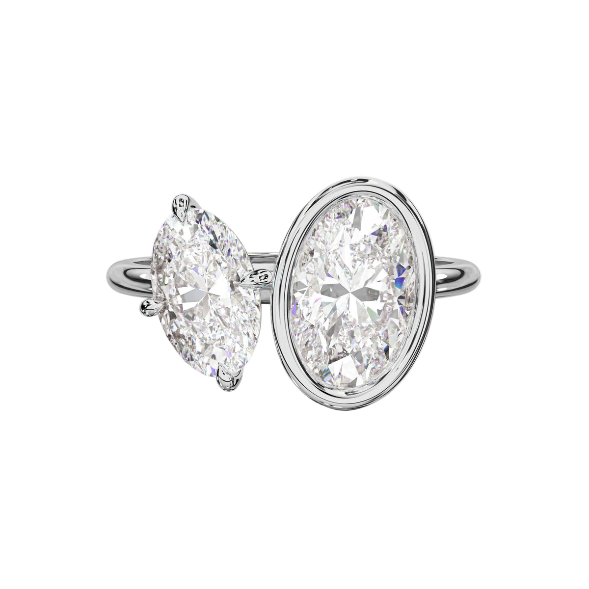 Two Oval Lab Grown Diamond & Moissanite Diamond Bezel Toi et Moi Ring