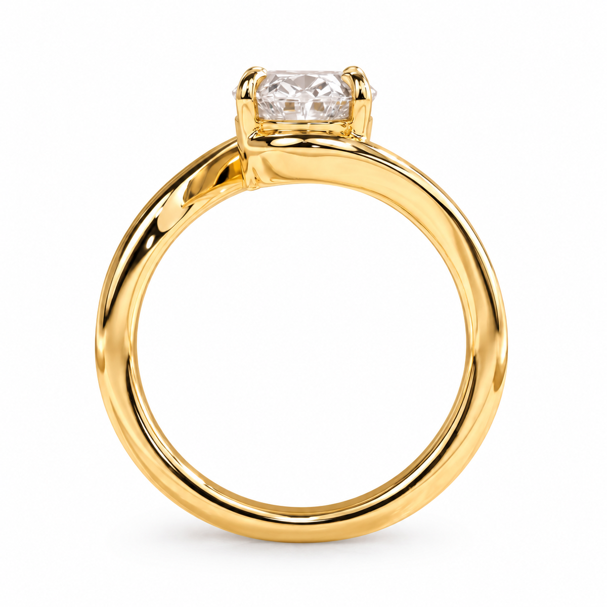 Engagement ring with a 2-carat oval-cut solitaire in a curved bypass setting
