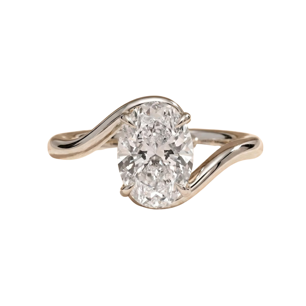 Engagement ring with a 2-carat oval-cut solitaire in a curved bypass setting