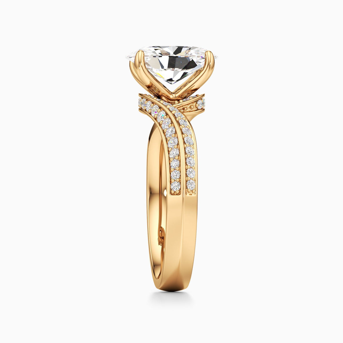 Oval Cut Lab Grown Diamond Engagement Ring with Bypass Wave Pavé Band
