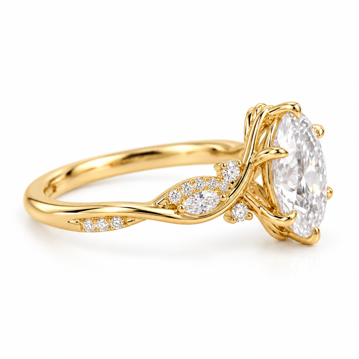 oval lab grown diamond engagement ring in gold, top view