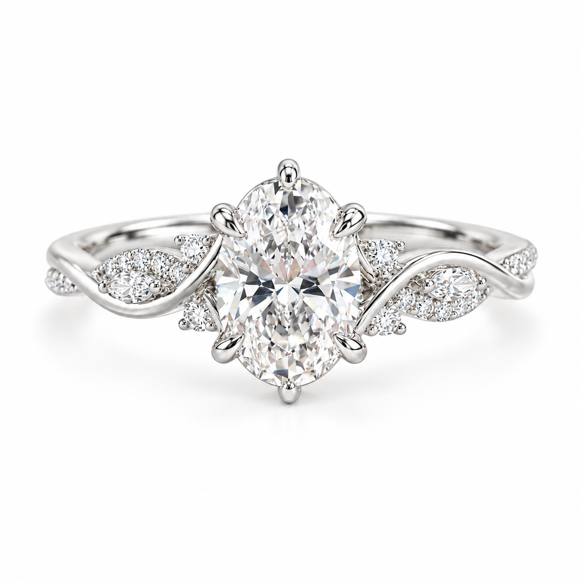oval lab grown diamond engagement ring in gold, detail of the setting
