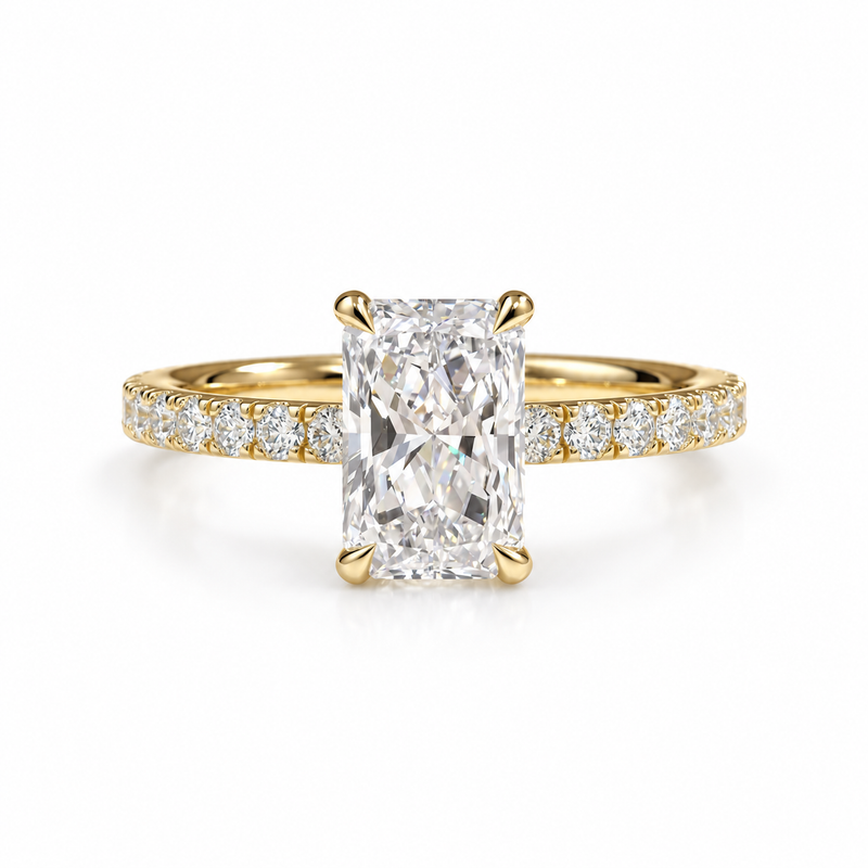 Radiant Cut Engagement Ring  Fully Encircling Hidden Halo & Pavé Band  Glamorous Diamond Ring